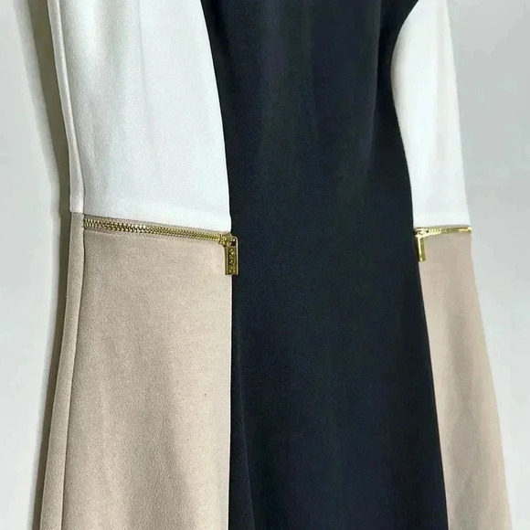 Color Block Dress Tan Black and White 
17 Pit to Pit
14’ Waist 
About 38 length - Picture 7 of 9